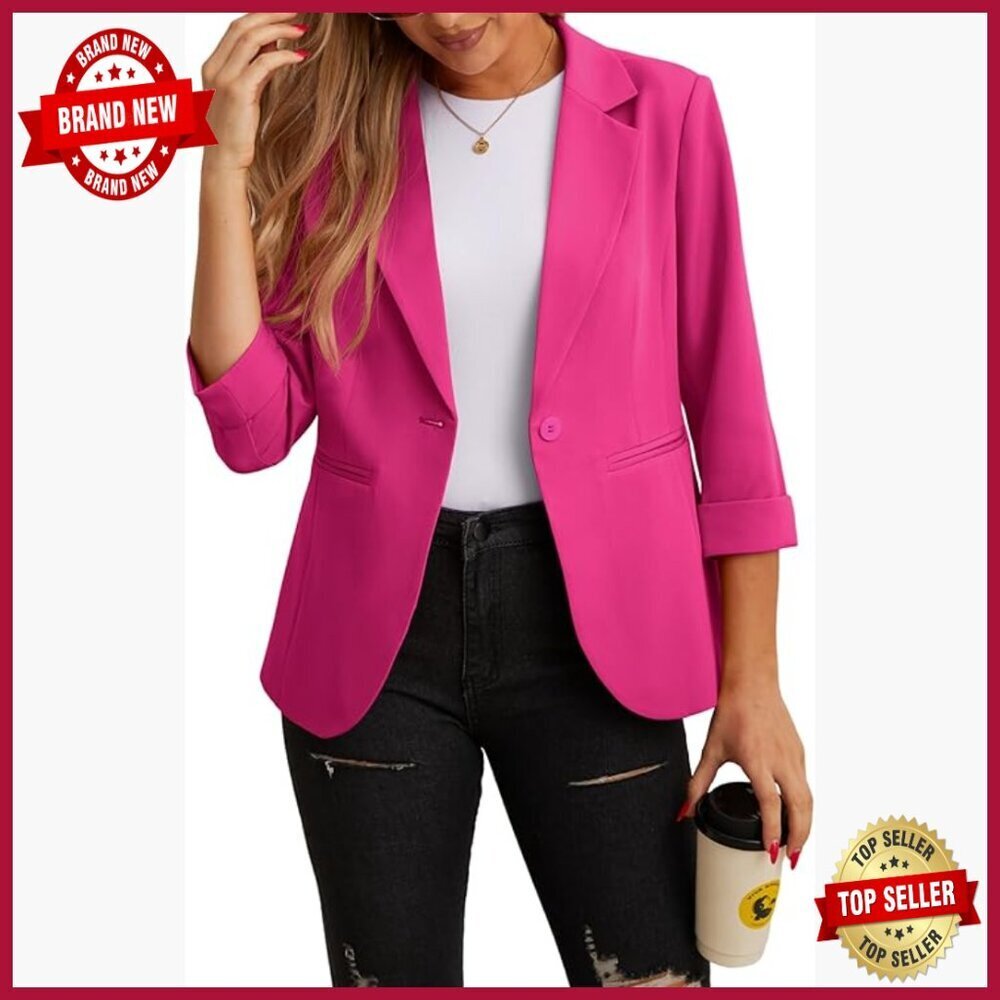 Lightweight 3/4 Sleeve Blazer with Pockets, Open Front Lapel Work Jacket